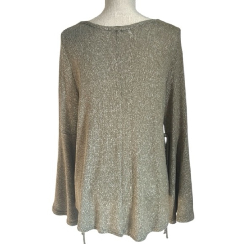 Mod Black Label Green Knit Sweater V-Neck Bell Sleeves accent side string ties - Picture 6 of 9